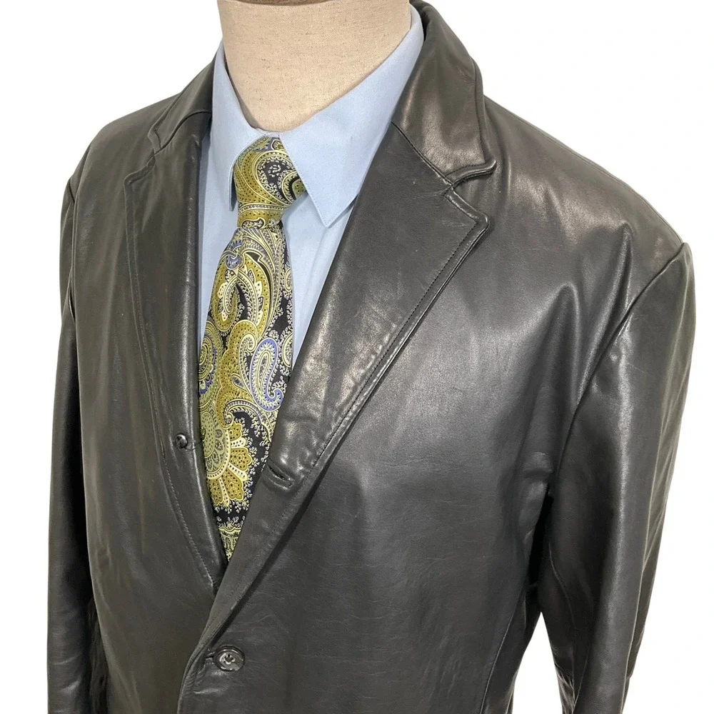 Banana Republic Leather Blazer Mens Large Black 3/2‎ Roll Button Classic Jacket